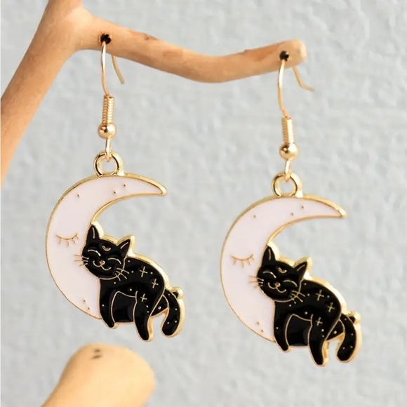 Whimsy_and_Rose Jewelry - Enamel Moon Black Cat Dangle Earrings